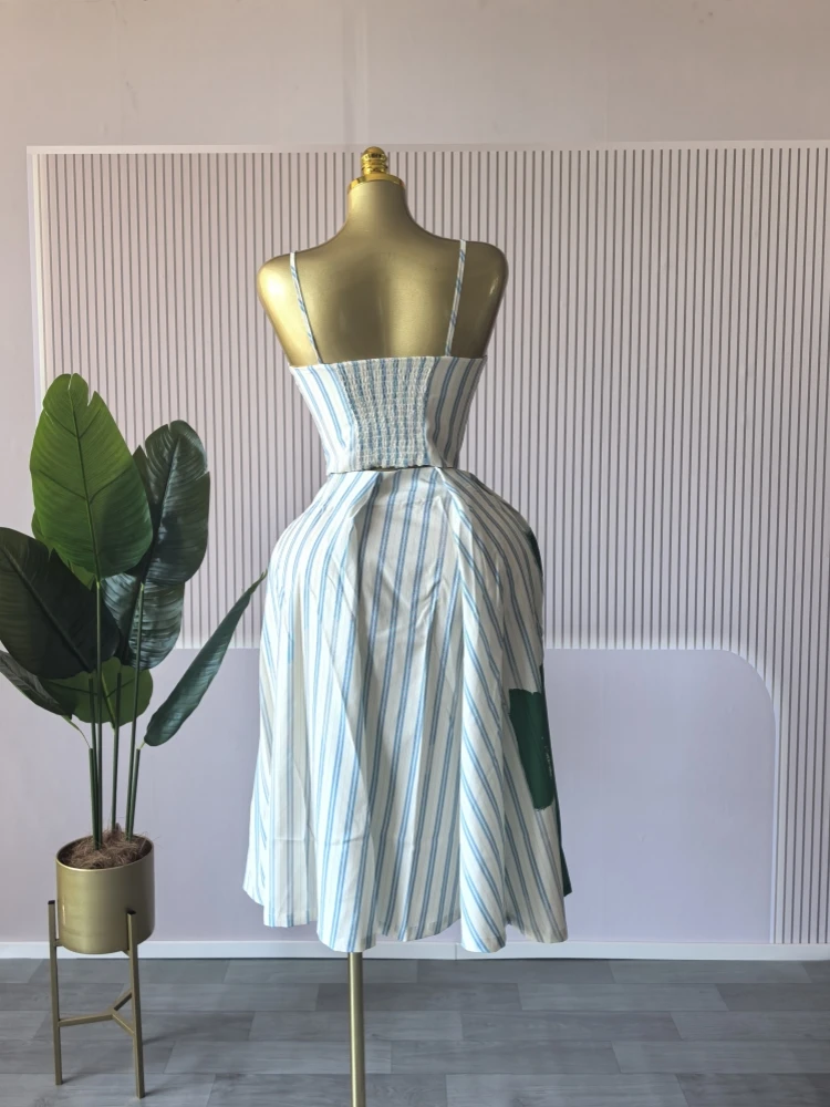 CM.YAYA Women Sleeveless Striped Printed Strap Mini Tank Tops and A-line Maxi Skirts Suit 2025 Summer Holiday Two 2 Piece Sets CM.YAYA Women Sleeveless Striped Printed Strap Mini Tank Tops and A-line Maxi Skirts Suit 2025 Summer Holiday Two 2 Piece Sets