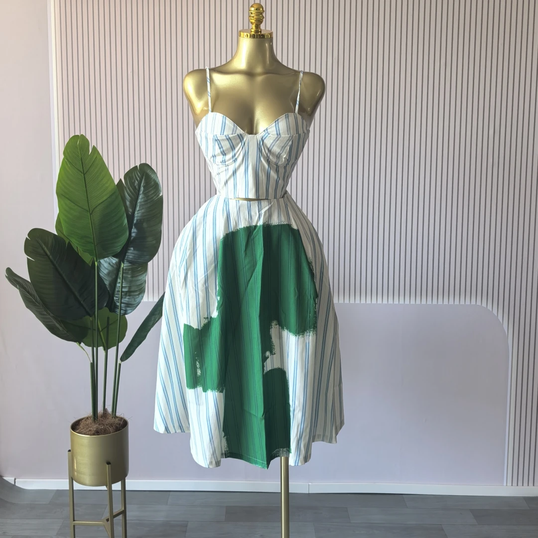 CM.YAYA Women Sleeveless Striped Printed Strap Mini Tank Tops and A-line Maxi Skirts Suit 2025 Summer Holiday Two 2 Piece Sets CM.YAYA Women Sleeveless Striped Printed Strap Mini Tank Tops and A-line Maxi Skirts Suit 2025 Summer Holiday Two 2 Piece Sets