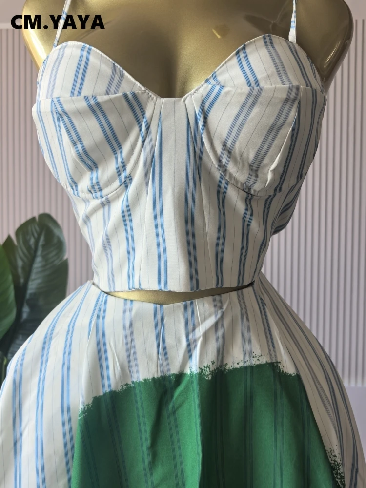 CM.YAYA Women Sleeveless Striped Printed Strap Mini Tank Tops and A-line Maxi Skirts Suit 2025 Summer Holiday Two 2 Piece Sets CM.YAYA Women Sleeveless Striped Printed Strap Mini Tank Tops and A-line Maxi Skirts Suit 2025 Summer Holiday Two 2 Piece Sets