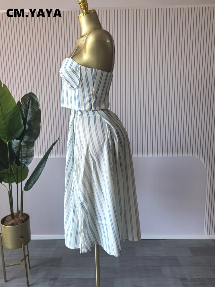 CM.YAYA Women Sleeveless Striped Printed Strap Mini Tank Tops and A-line Maxi Skirts Suit 2025 Summer Holiday Two 2 Piece Sets CM.YAYA Women Sleeveless Striped Printed Strap Mini Tank Tops and A-line Maxi Skirts Suit 2025 Summer Holiday Two 2 Piece Sets