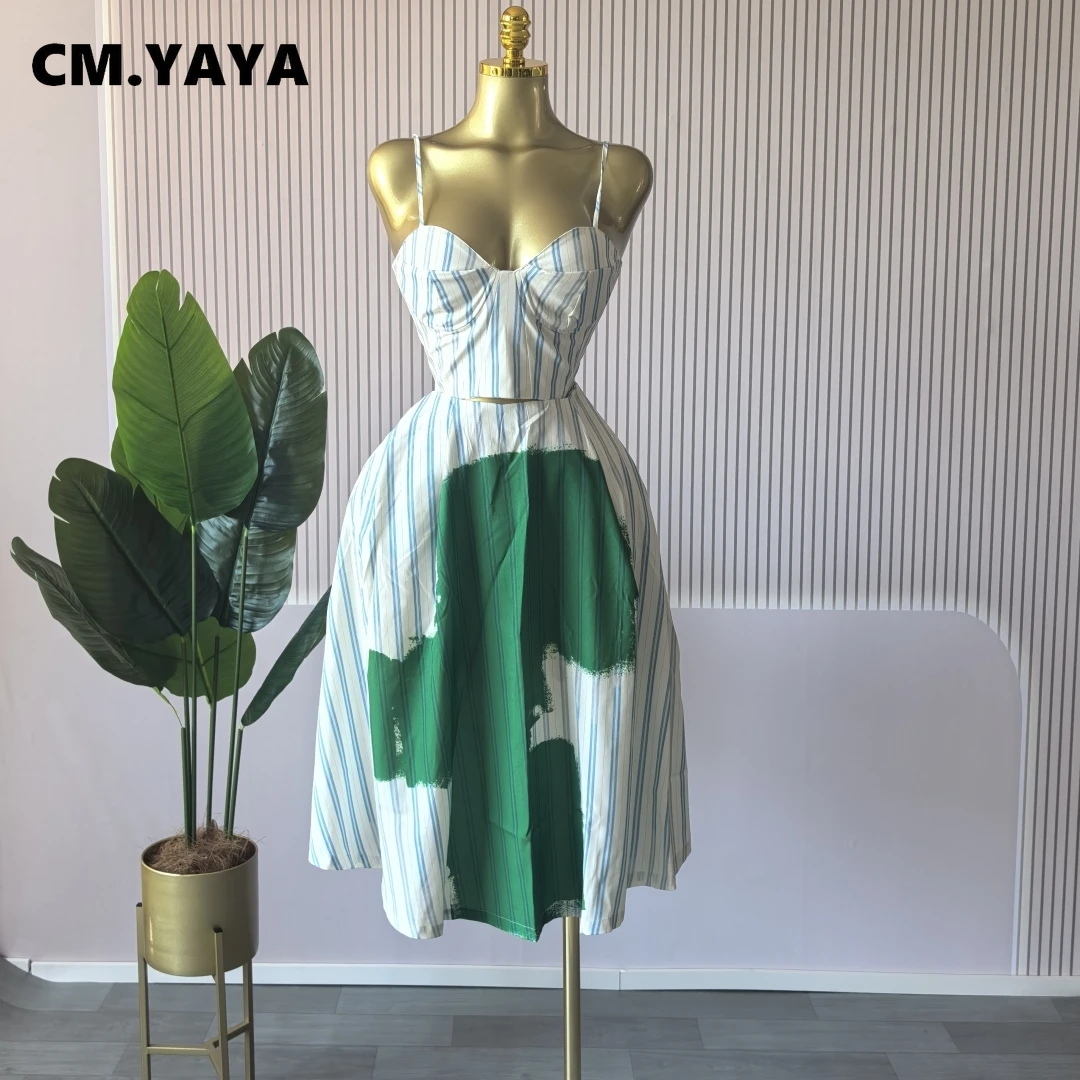 CM.YAYA Women Sleeveless Striped Printed Strap Mini Tank Tops and A-line Maxi Skirts Suit 2025 Summer Holiday Two 2 Piece Sets CM.YAYA Women Sleeveless Striped Printed Strap Mini Tank Tops and A-line Maxi Skirts Suit 2025 Summer Holiday Two 2 Piece Sets