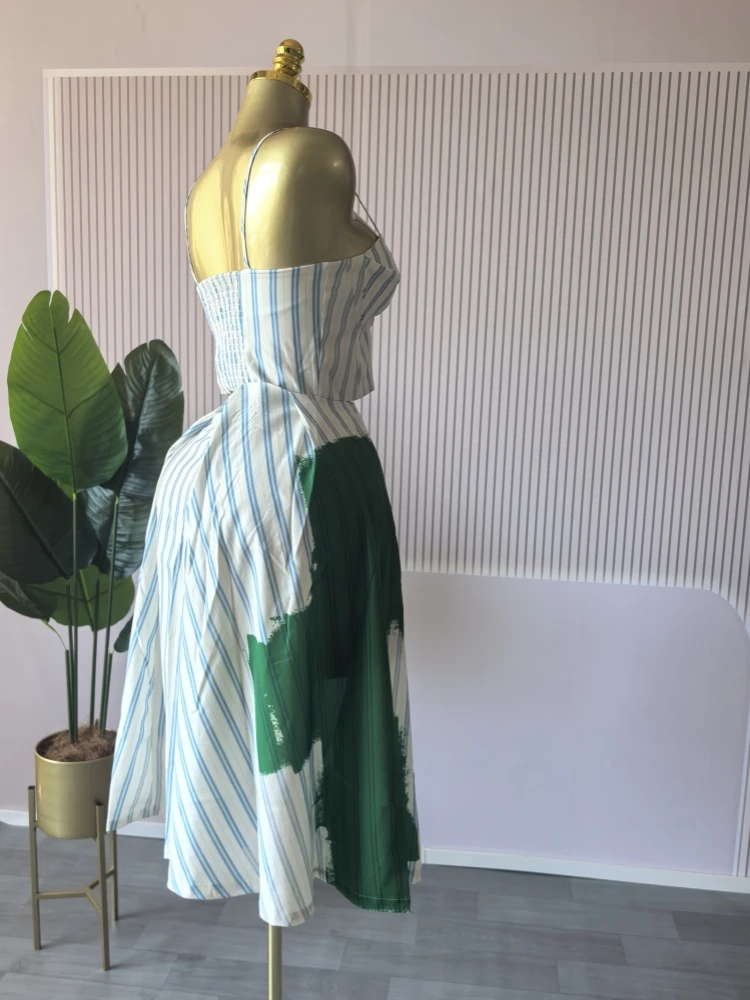 CM.YAYA Women Sleeveless Striped Printed Strap Mini Tank Tops and A-line Maxi Skirts Suit 2025 Summer Holiday Two 2 Piece Sets CM.YAYA Women Sleeveless Striped Printed Strap Mini Tank Tops and A-line Maxi Skirts Suit 2025 Summer Holiday Two 2 Piece Sets