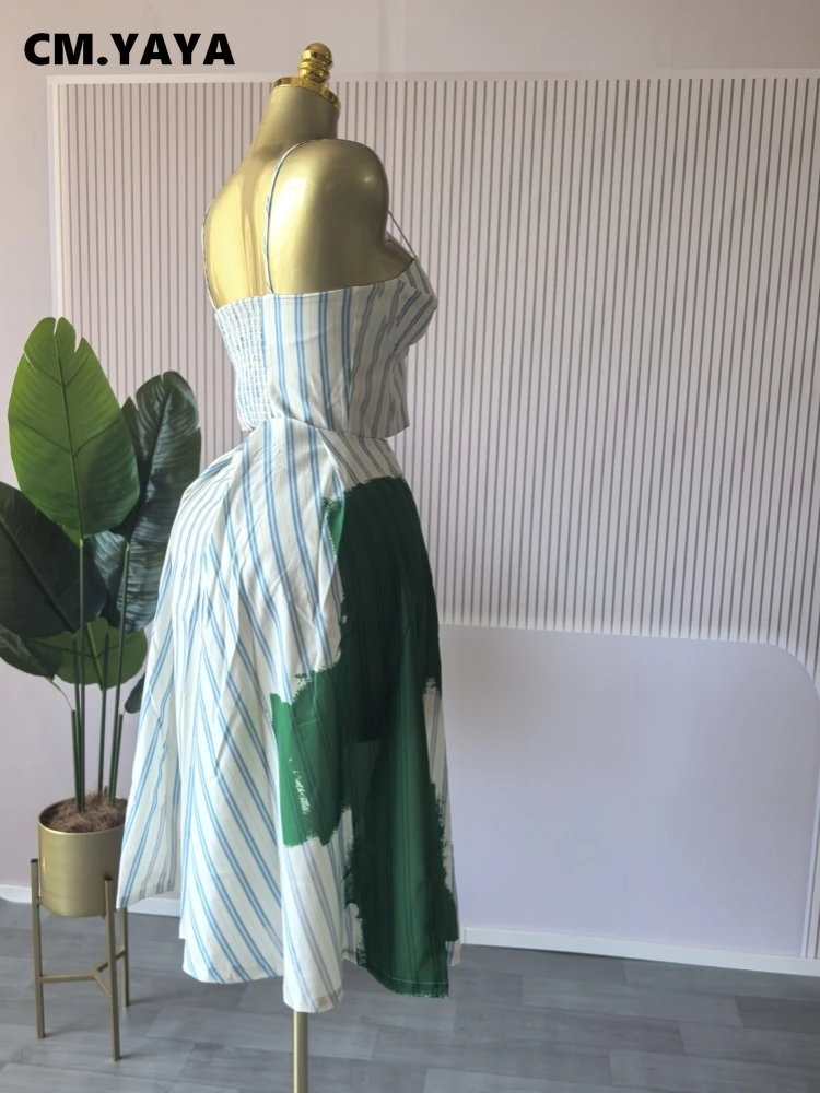 CM.YAYA Women Sleeveless Striped Printed Strap Mini Tank Tops and A-line Maxi Skirts Suit 2025 Summer Holiday Two 2 Piece Sets CM.YAYA Women Sleeveless Striped Printed Strap Mini Tank Tops and A-line Maxi Skirts Suit 2025 Summer Holiday Two 2 Piece Sets