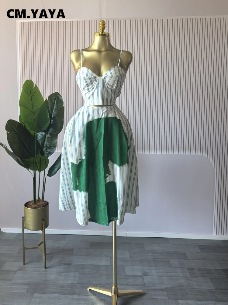 CM.YAYA Women Sleeveless Striped Printed Strap Mini Tank Tops and A-line Maxi Skirts Suit 2025 Summer Holiday Two 2 Piece Sets CM.YAYA Women Sleeveless Striped Printed Strap Mini Tank Tops and A-line Maxi Skirts Suit 2025 Summer Holiday Two 2 Piece Sets