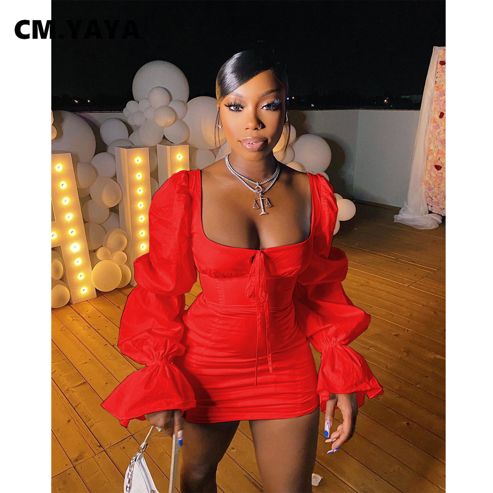 CM.YAYA Women Mini Dress Solid Full Puff Sleeve Square Collar Bandage Stretchy Bodycon Dresses Sexy Fashion Vestidos Summer 2021 CM.YAYA Women Mini Dress Solid Full Puff Sleeve Square Collar Bandage Stretchy Bodycon Dresses Sexy Fashion Vestidos Summer 2021