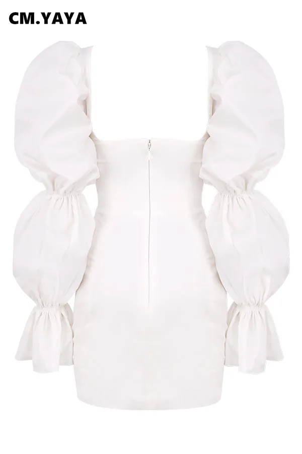 CM.YAYA Women Mini Dress Solid Full Puff Sleeve Square Collar Bandage Stretchy Bodycon Dresses Sexy Fashion Vestidos Summer 2021 CM.YAYA Women Mini Dress Solid Full Puff Sleeve Square Collar Bandage Stretchy Bodycon Dresses Sexy Fashion Vestidos Summer 2021