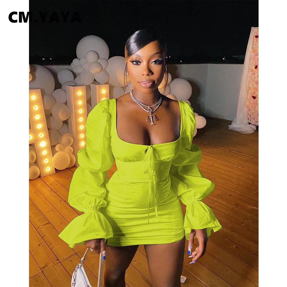 CM.YAYA Women Mini Dress Solid Full Puff Sleeve Square Collar Bandage Stretchy Bodycon Dresses Sexy Fashion Vestidos Summer 2021 CM.YAYA Women Mini Dress Solid Full Puff Sleeve Square Collar Bandage Stretchy Bodycon Dresses Sexy Fashion Vestidos Summer 2021
