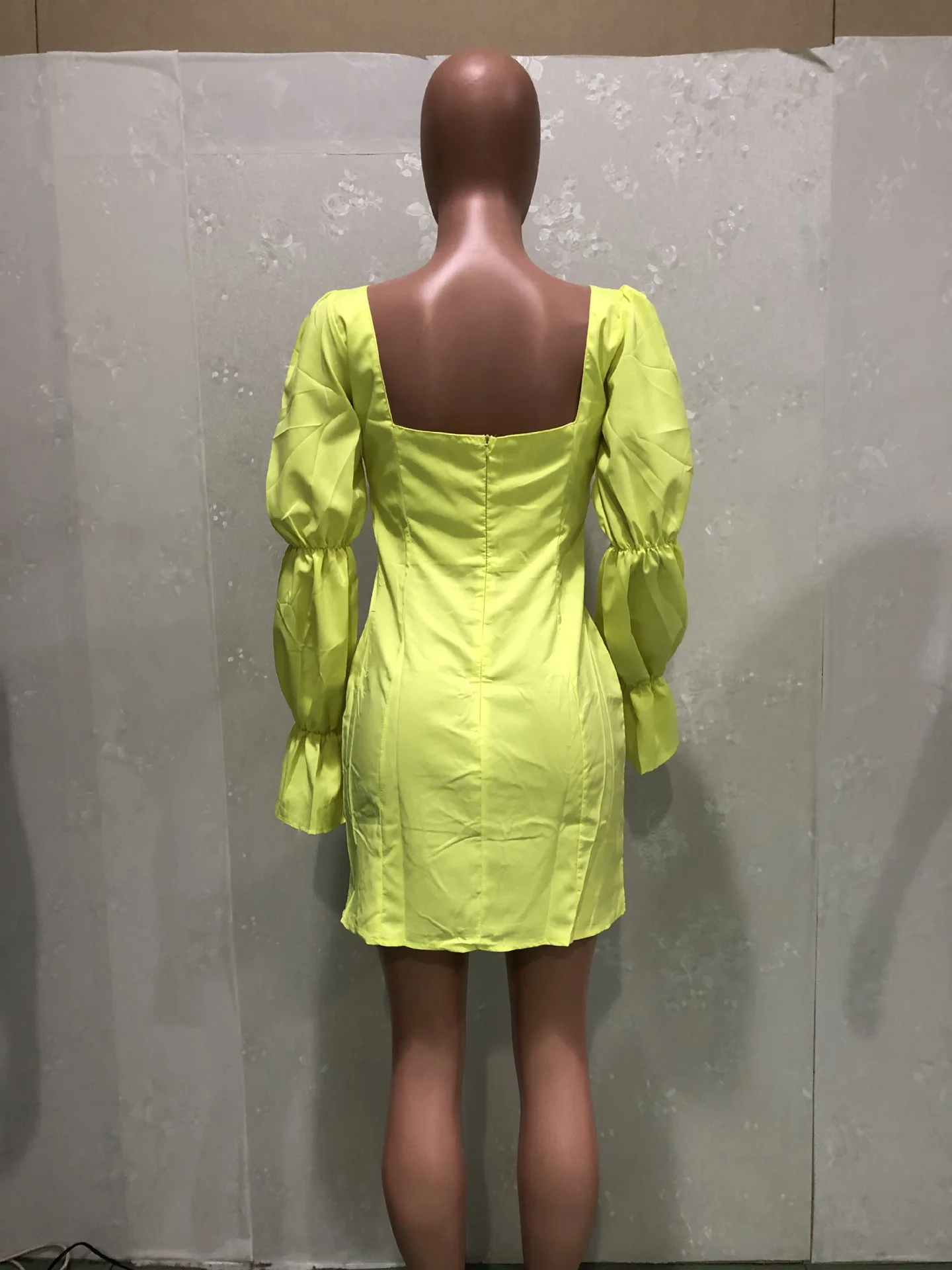 CM.YAYA Women Mini Dress Solid Full Puff Sleeve Square Collar Bandage Stretchy Bodycon Dresses Sexy Fashion Vestidos Summer 2021