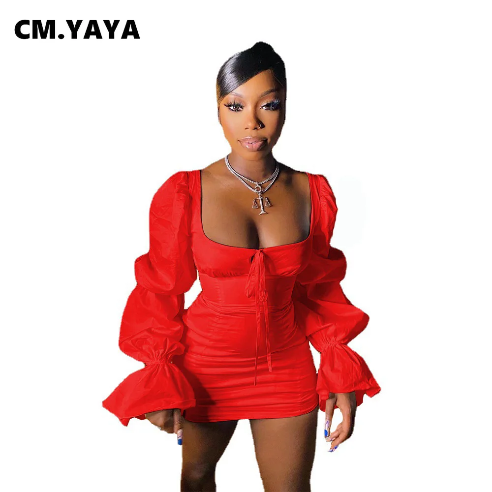 CM.YAYA Women Mini Dress Solid Full Puff Sleeve Square Collar Bandage Stretchy Bodycon Dresses Sexy Fashion Vestidos Summer 2021 CM.YAYA Women Mini Dress Solid Full Puff Sleeve Square Collar Bandage Stretchy Bodycon Dresses Sexy Fashion Vestidos Summer 2021