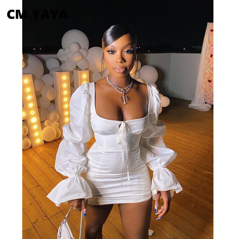 CM.YAYA Women Mini Dress Solid Full Puff Sleeve Square Collar Bandage Stretchy Bodycon Dresses Sexy Fashion Vestidos Summer 2021 CM.YAYA Women Mini Dress Solid Full Puff Sleeve Square Collar Bandage Stretchy Bodycon Dresses Sexy Fashion Vestidos Summer 2021