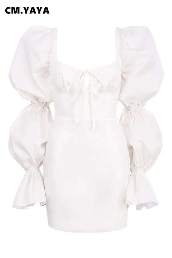CM.YAYA Women Mini Dress Solid Full Puff Sleeve Square Collar Bandage Stretchy Bodycon Dresses Sexy Fashion Vestidos Summer 2021 CM.YAYA Women Mini Dress Solid Full Puff Sleeve Square Collar Bandage Stretchy Bodycon Dresses Sexy Fashion Vestidos Summer 2021