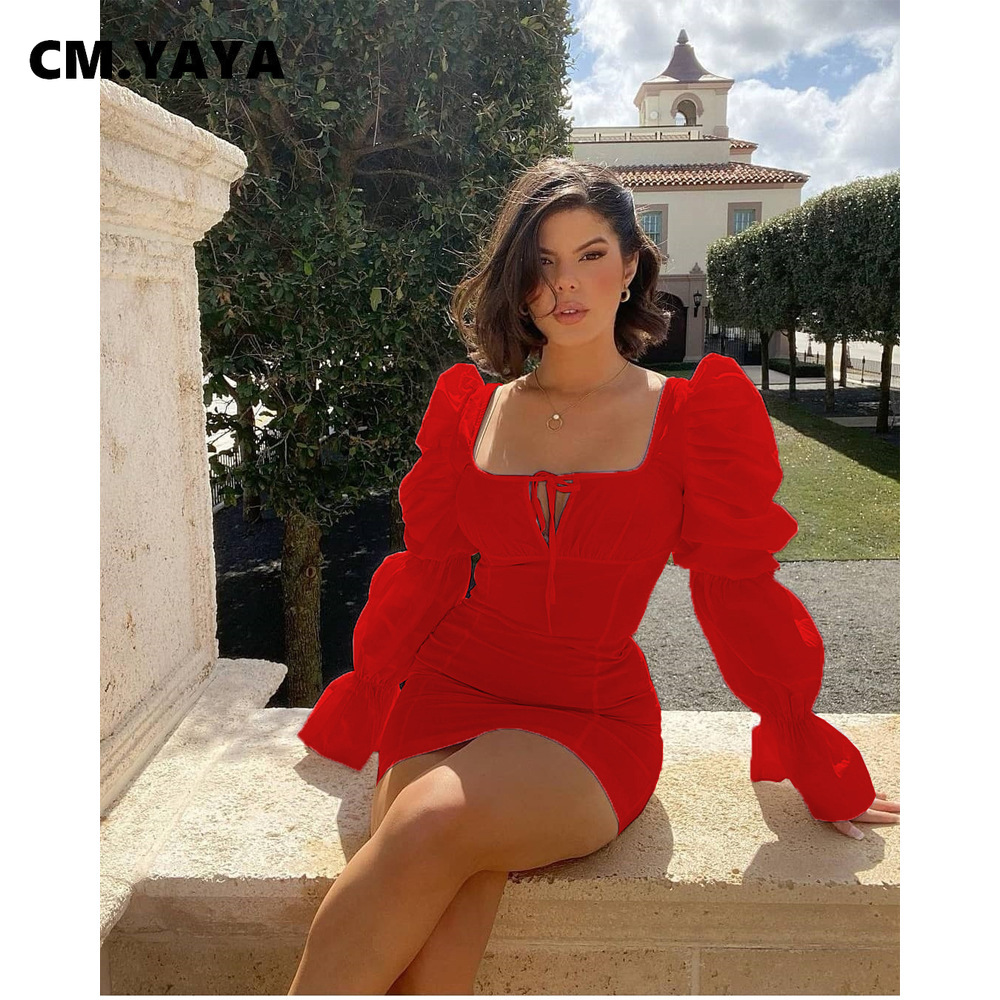 CM.YAYA Women Mini Dress Solid Full Puff Sleeve Square Collar Bandage Stretchy Bodycon Dresses Sexy Fashion Vestidos Summer 2021 CM.YAYA Women Mini Dress Solid Full Puff Sleeve Square Collar Bandage Stretchy Bodycon Dresses Sexy Fashion Vestidos Summer 2021