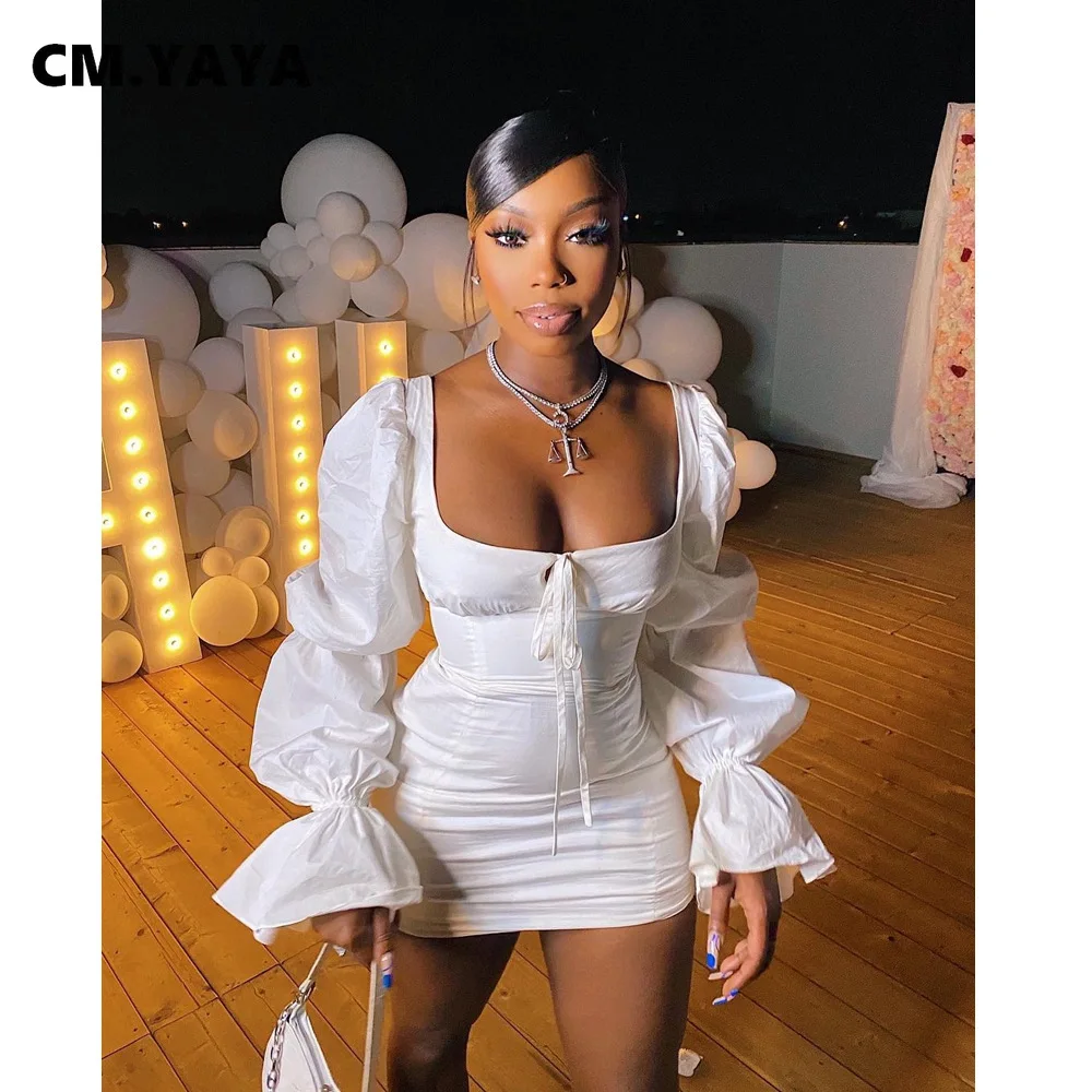 CM.YAYA Women Mini Dress Solid Full Puff Sleeve Square Collar Bandage Stretchy Bodycon Dresses Sexy Fashion Vestidos Summer 2021 CM.YAYA Women Mini Dress Solid Full Puff Sleeve Square Collar Bandage Stretchy Bodycon Dresses Sexy Fashion Vestidos Summer 2021