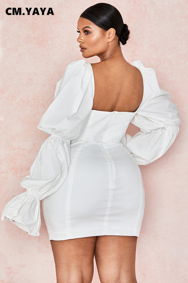 CM.YAYA Women Mini Dress Solid Full Puff Sleeve Square Collar Bandage Stretchy Bodycon Dresses Sexy Fashion Vestidos Summer 2021 CM.YAYA Women Mini Dress Solid Full Puff Sleeve Square Collar Bandage Stretchy Bodycon Dresses Sexy Fashion Vestidos Summer 2021