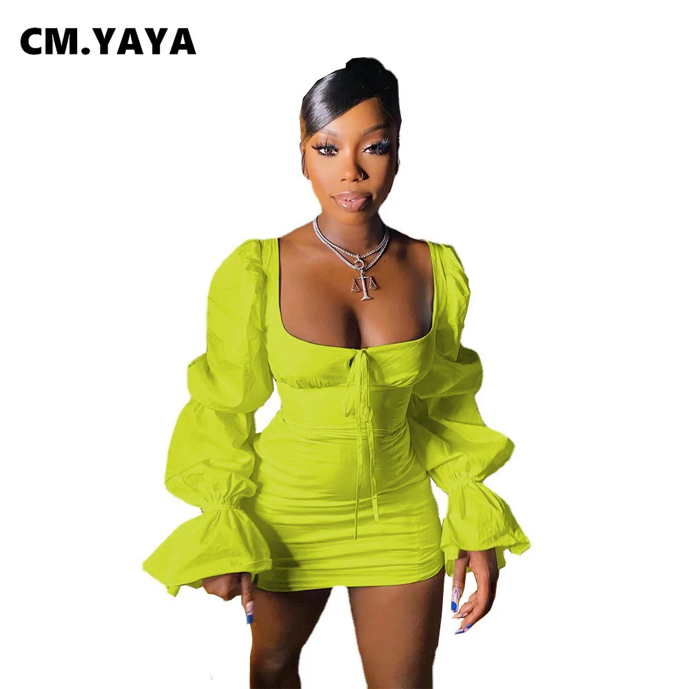CM.YAYA Women Mini Dress Solid Full Puff Sleeve Square Collar Bandage Stretchy Bodycon Dresses Sexy Fashion Vestidos Summer 2021 CM.YAYA Women Mini Dress Solid Full Puff Sleeve Square Collar Bandage Stretchy Bodycon Dresses Sexy Fashion Vestidos Summer 2021