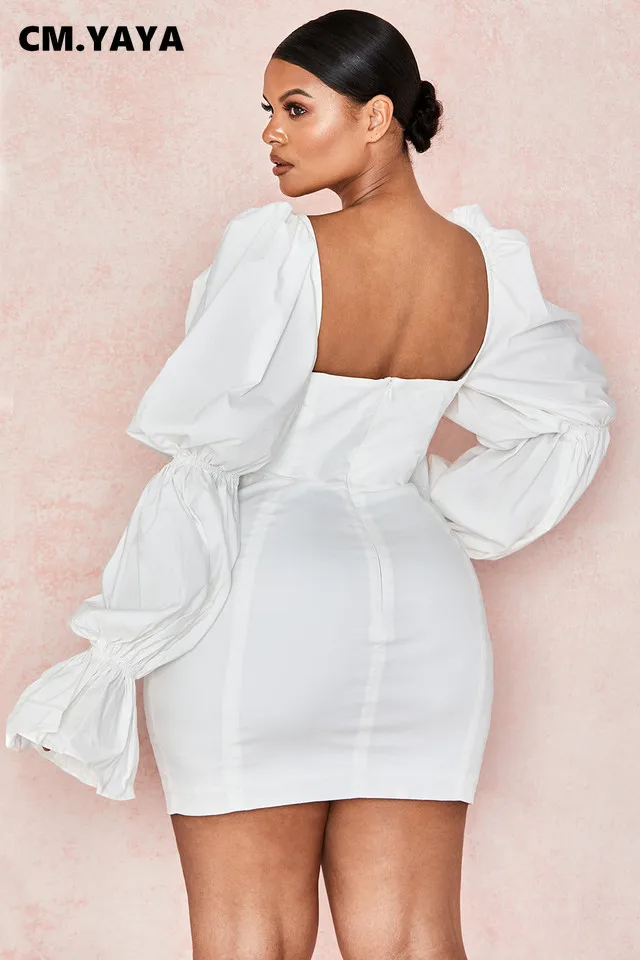 CM.YAYA Women Mini Dress Solid Full Puff Sleeve Square Collar Bandage Stretchy Bodycon Dresses Sexy Fashion Vestidos Summer 2021 CM.YAYA Women Mini Dress Solid Full Puff Sleeve Square Collar Bandage Stretchy Bodycon Dresses Sexy Fashion Vestidos Summer 2021