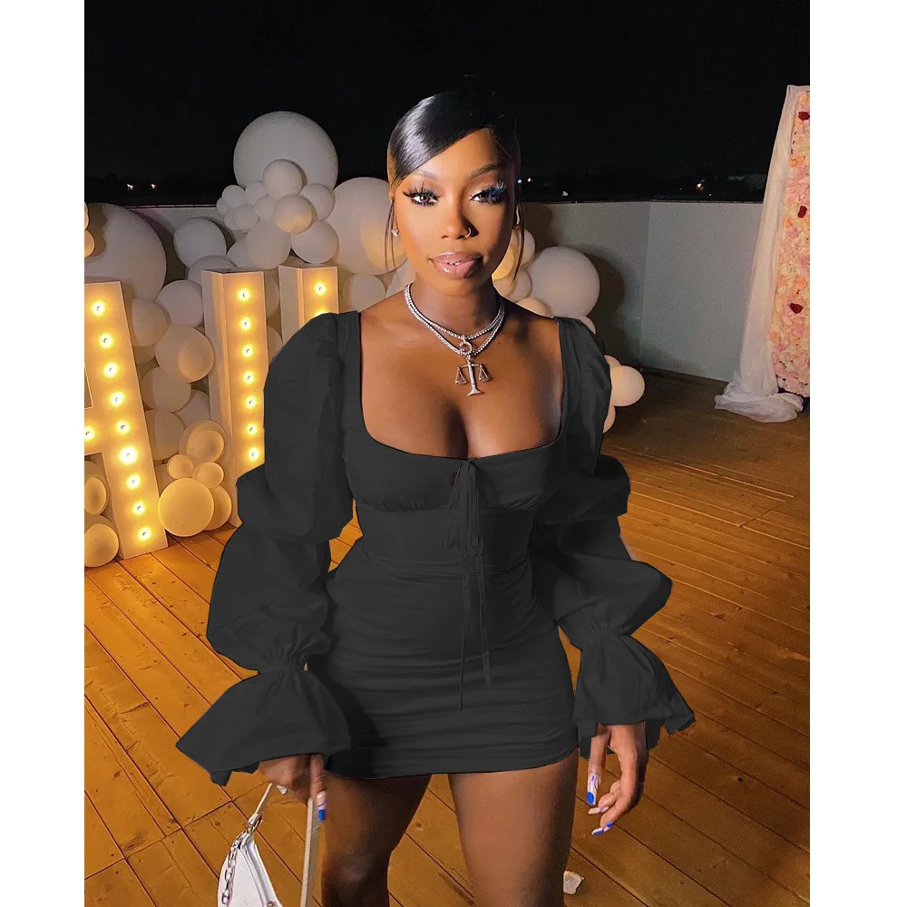 CM.YAYA Women Mini Dress Solid Full Puff Sleeve Square Collar Bandage Stretchy Bodycon Dresses Sexy Fashion Vestidos Summer 2021 CM.YAYA Women Mini Dress Solid Full Puff Sleeve Square Collar Bandage Stretchy Bodycon Dresses Sexy Fashion Vestidos Summer 2021