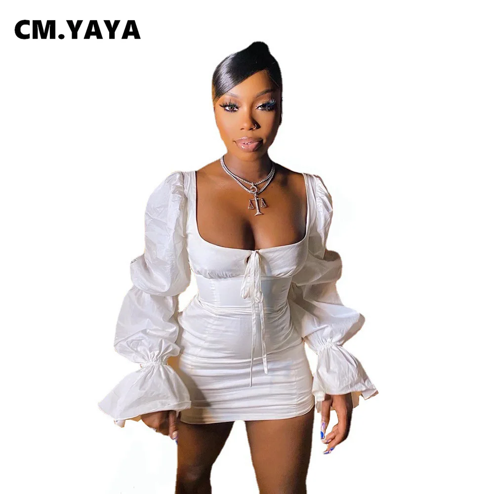 CM.YAYA Women Mini Dress Solid Full Puff Sleeve Square Collar Bandage Stretchy Bodycon Dresses Sexy Fashion Vestidos Summer 2021 CM.YAYA Women Mini Dress Solid Full Puff Sleeve Square Collar Bandage Stretchy Bodycon Dresses Sexy Fashion Vestidos Summer 2021