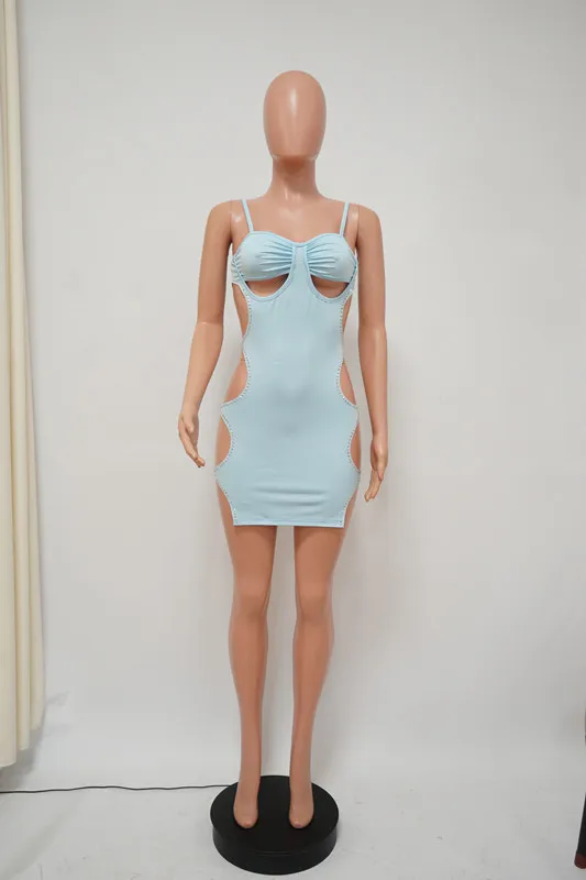 CM.YAYA Women Sexy Night Party Club Hole Midi Dress 2022 New Summer Spaghetti Strap Lace Up Side Cut Out Bodycon Mini Dresses