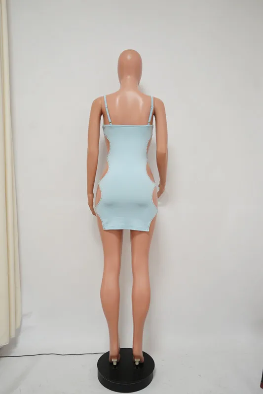 CM.YAYA Women Sexy Night Party Club Hole Midi Dress 2022 New Summer Spaghetti Strap Lace Up Side Cut Out Bodycon Mini Dresses