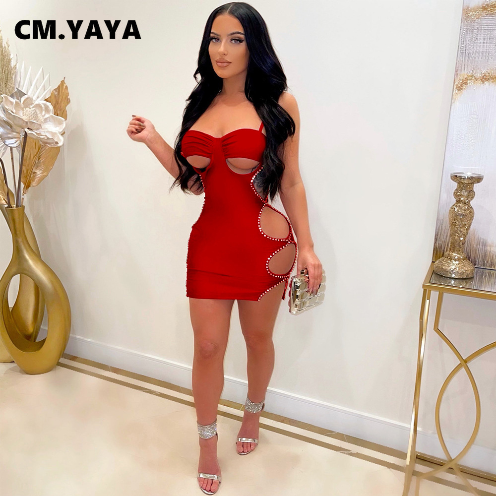 CM.YAYA Women Sexy Night Party Club Hole Midi Dress 2022 New Summer Spaghetti Strap Lace Up Side Cut Out Bodycon Mini Dresses
