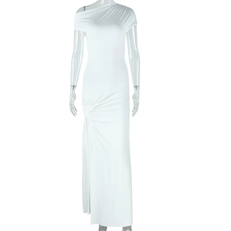 CM.YAYA Women Short Sleeve Skew Collar Ruched Long Maxi Dress 2025 Summer Sexy Street Slim Evening Night Club Party Dresses