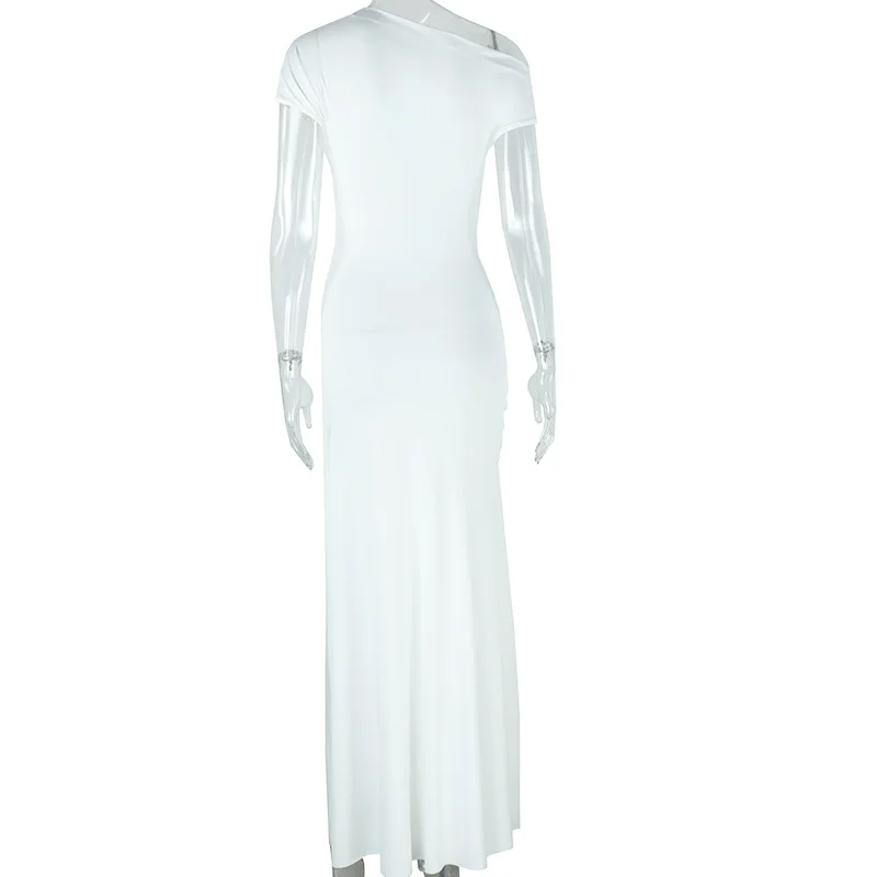 CM.YAYA Women Short Sleeve Skew Collar Ruched Long Maxi Dress 2025 Summer Sexy Street Slim Evening Night Club Party Dresses