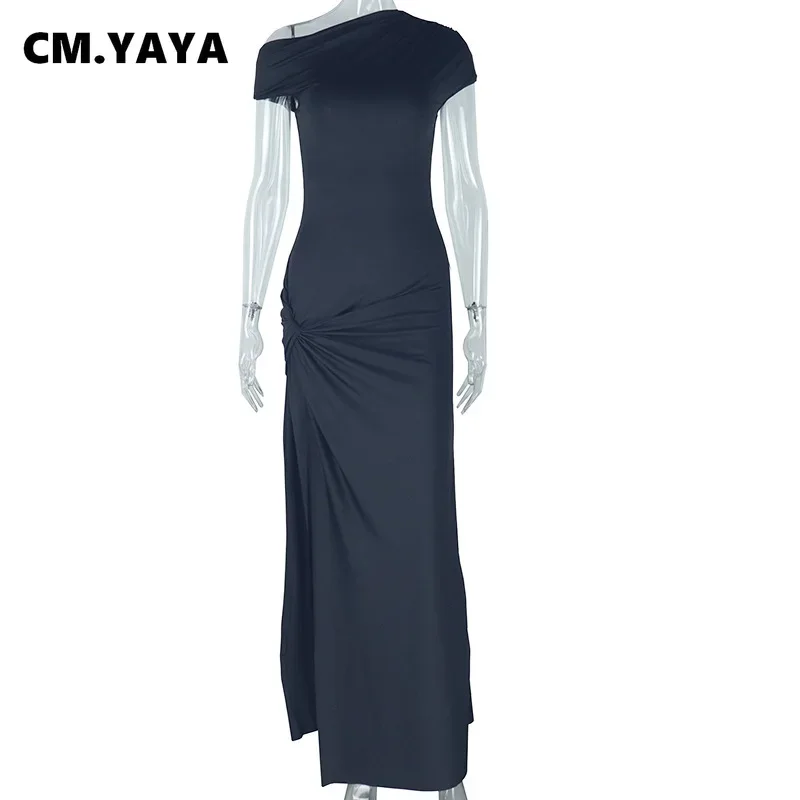 CM.YAYA Women Short Sleeve Skew Collar Ruched Long Maxi Dress 2025 Summer Sexy Street Slim Evening Night Club Party Dresses
