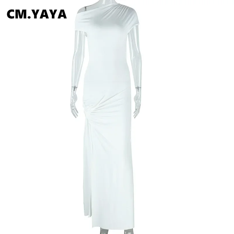 CM.YAYA Women Short Sleeve Skew Collar Ruched Long Maxi Dress 2025 Summer Sexy Street Slim Evening Night Club Party Dresses