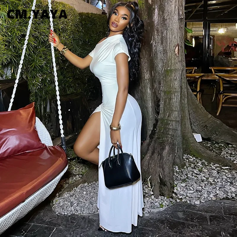 CM.YAYA Women Short Sleeve Skew Collar Ruched Long Maxi Dress 2025 Summer Sexy Street Slim Evening Night Club Party Dresses