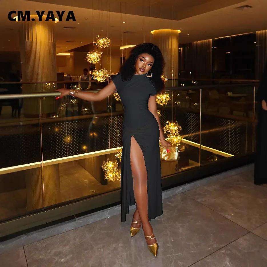 CM.YAYA Women Short Sleeve Skew Collar Ruched Long Maxi Dress 2025 Summer Sexy Street Slim Evening Night Club Party Dresses