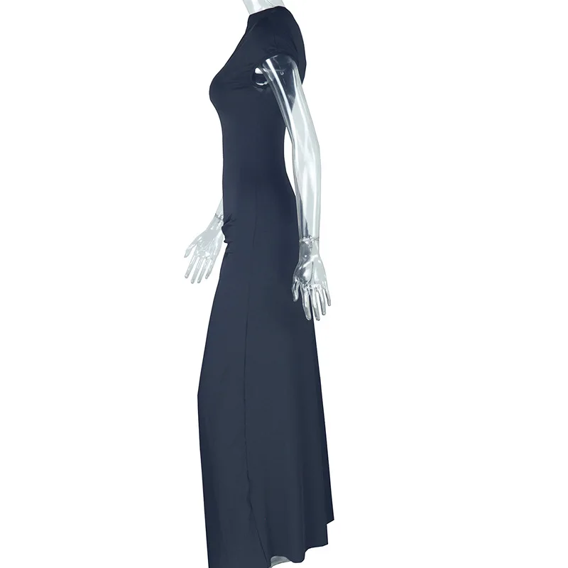 CM.YAYA Women Short Sleeve Skew Collar Ruched Long Maxi Dress 2025 Summer Sexy Street Slim Evening Night Club Party Dresses