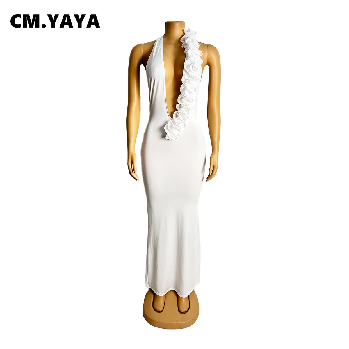 CM.YAYA Women Halter V-neck Backless Sleeveless Bodycon Maxi Long Dress 3D Flower Vacation Birthday Sexy Party Evening Dresses
