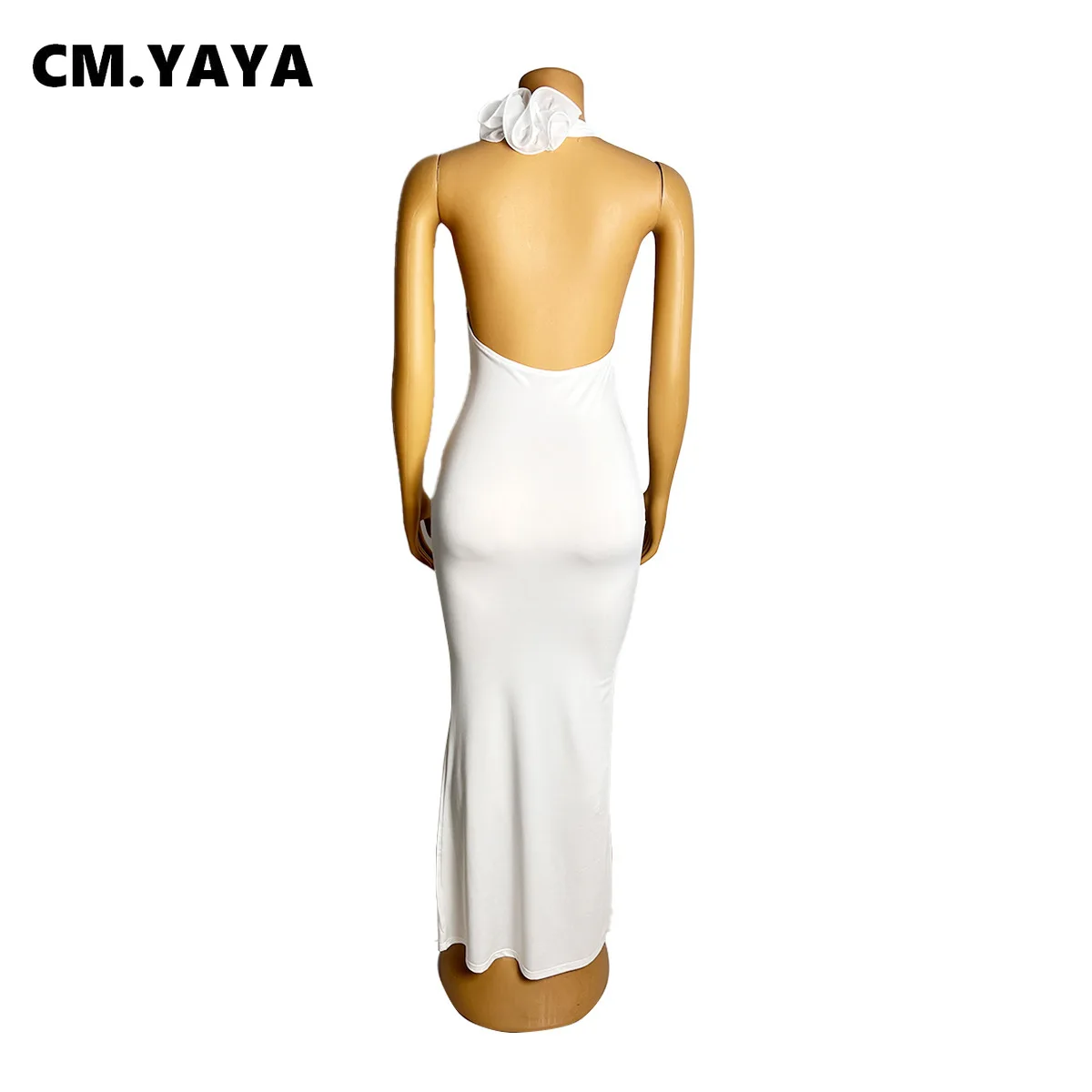 CM.YAYA Women Halter V-neck Backless Sleeveless Bodycon Maxi Long Dress 3D Flower Vacation Birthday Sexy Party Evening Dresses