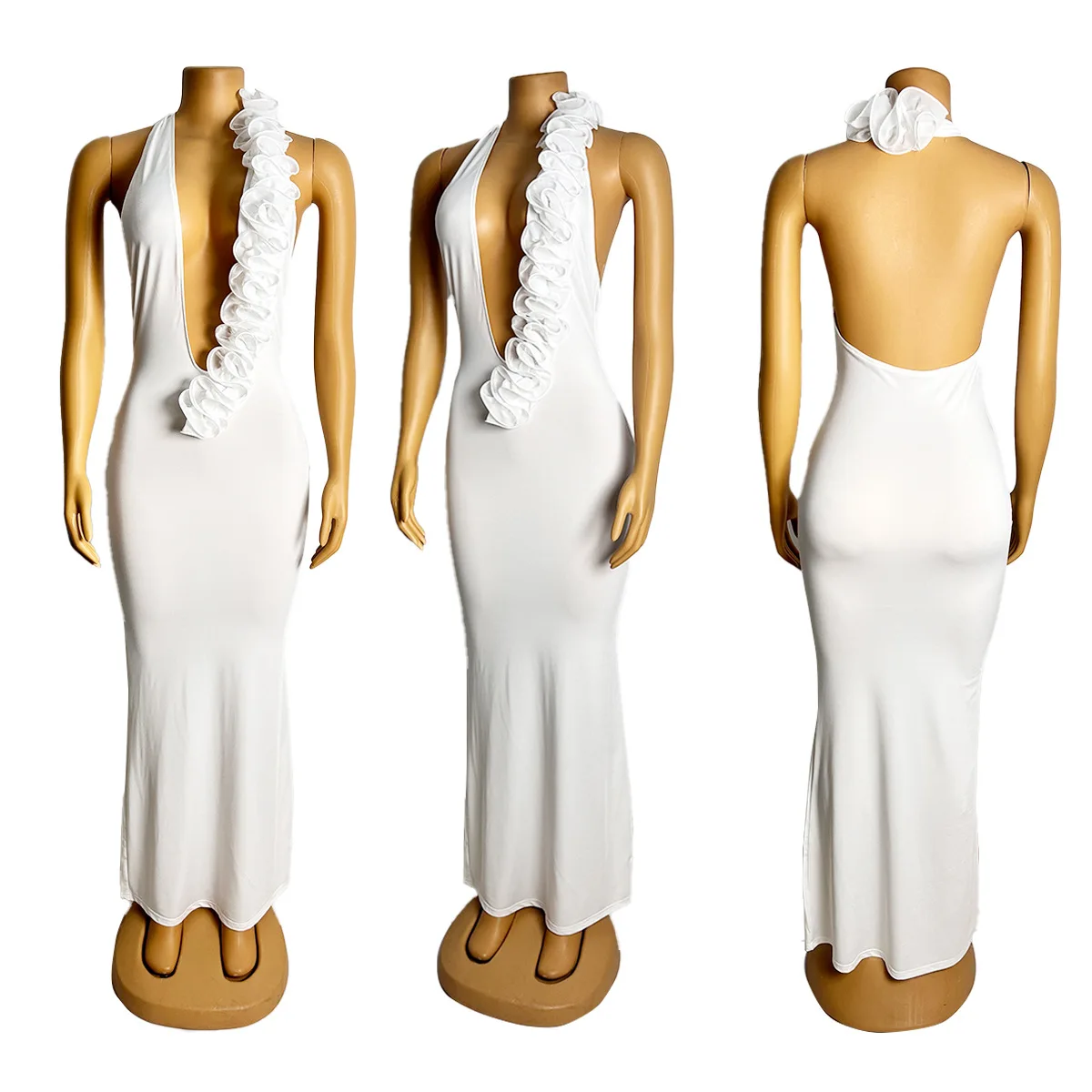 CM.YAYA Women Halter V-neck Backless Sleeveless Bodycon Maxi Long Dress 3D Flower Vacation Birthday Sexy Party Evening Dresses