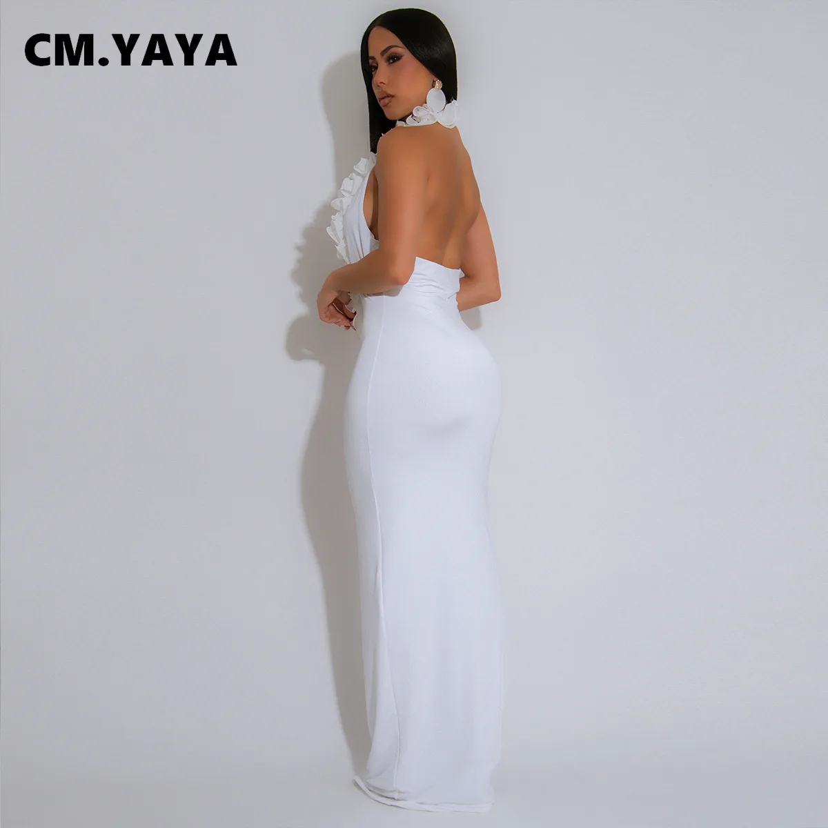 CM.YAYA Women Halter V-neck Backless Sleeveless Bodycon Maxi Long Dress 3D Flower Vacation Birthday Sexy Party Evening Dresses