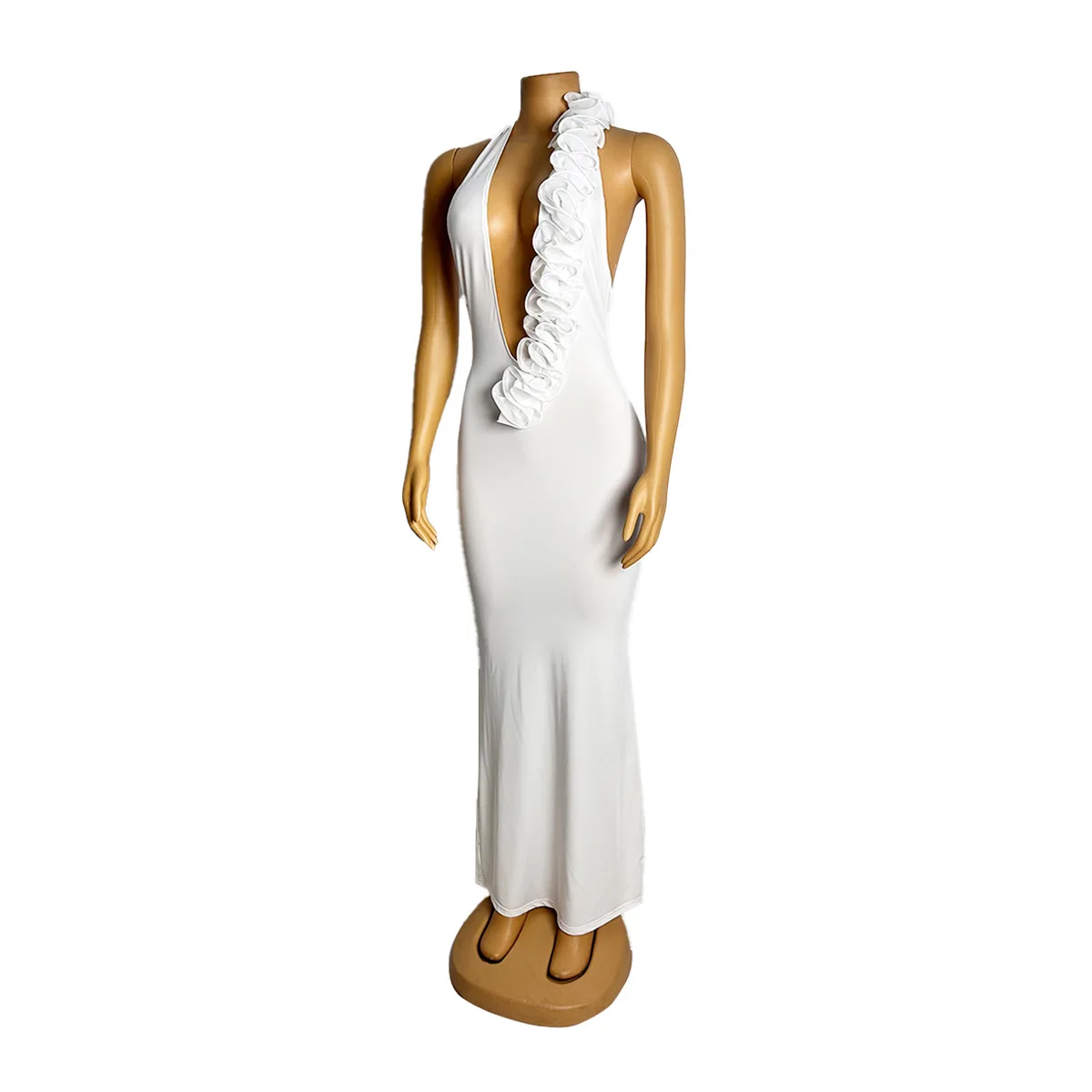 CM.YAYA Women Halter V-neck Backless Sleeveless Bodycon Maxi Long Dress 3D Flower Vacation Birthday Sexy Party Evening Dresses