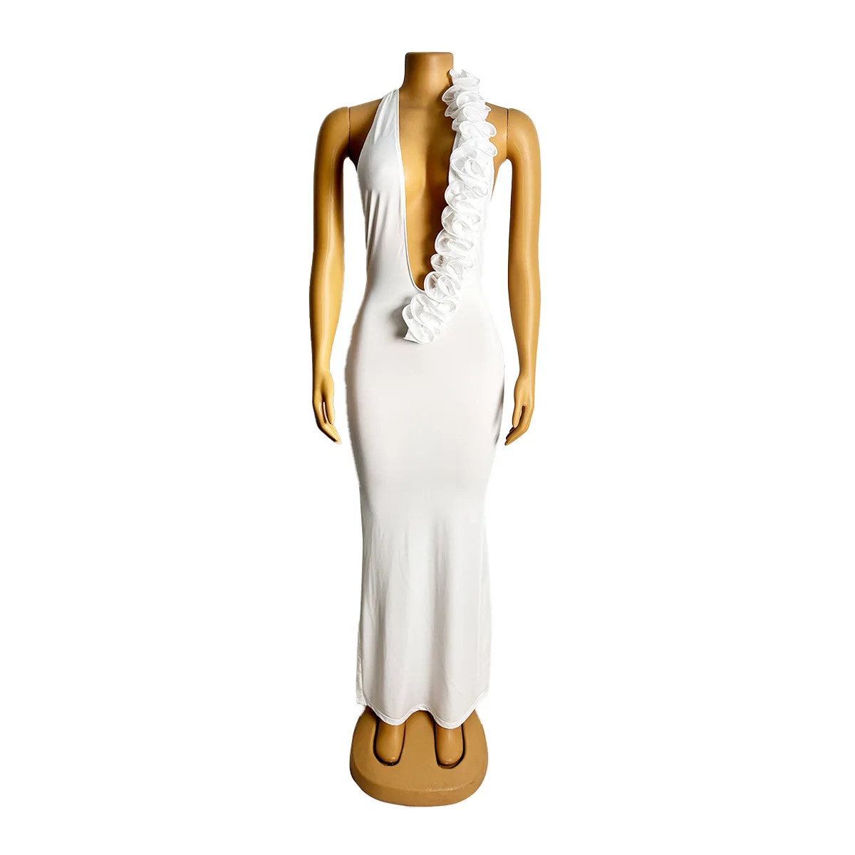 CM.YAYA Women Halter V-neck Backless Sleeveless Bodycon Maxi Long Dress 3D Flower Vacation Birthday Sexy Party Evening Dresses