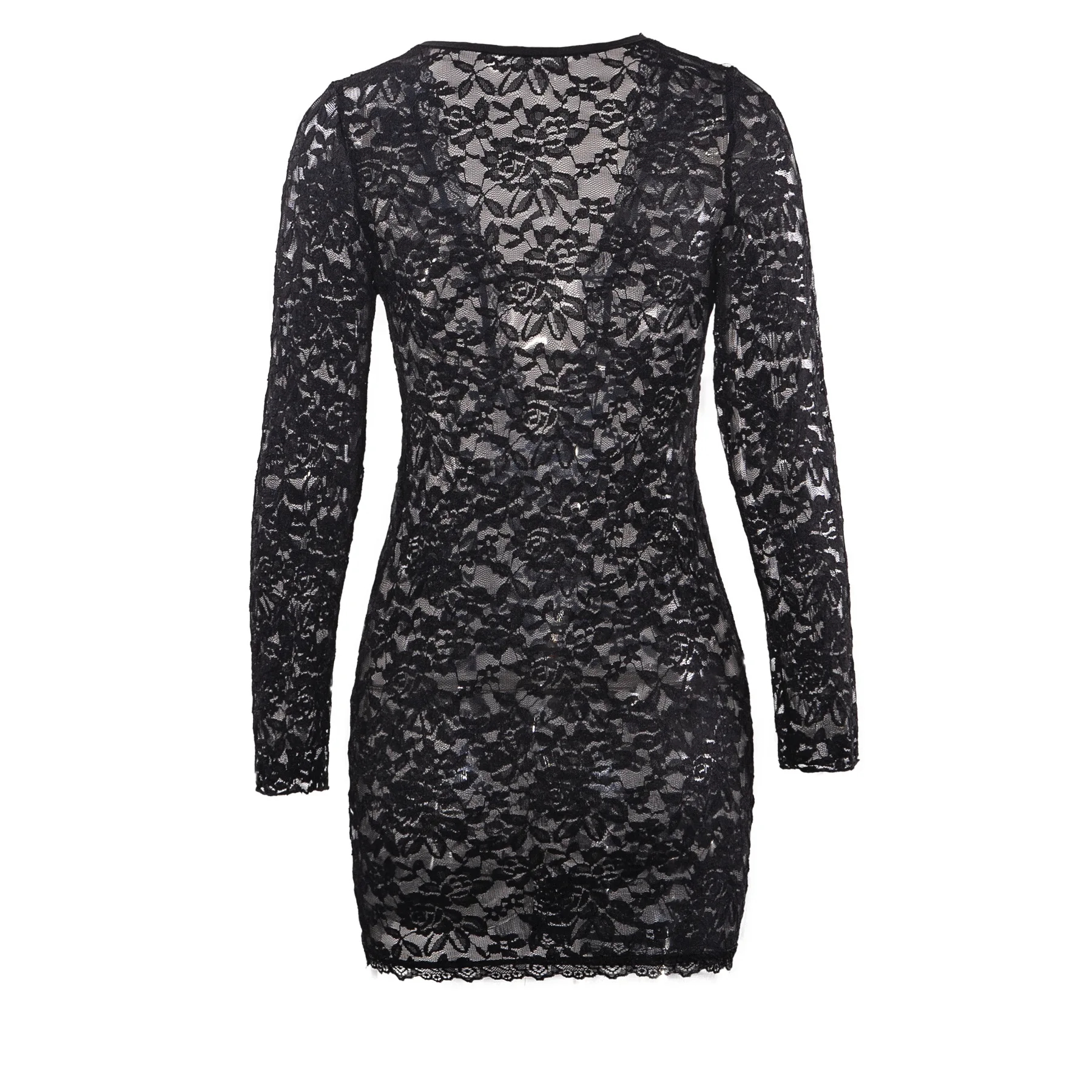CM.YAYA Fashion Women Lace See Through V-neck Bodycon Mini Dress 2025 Spring Sexy Long Sleeve Night Club Party Evening Dresses