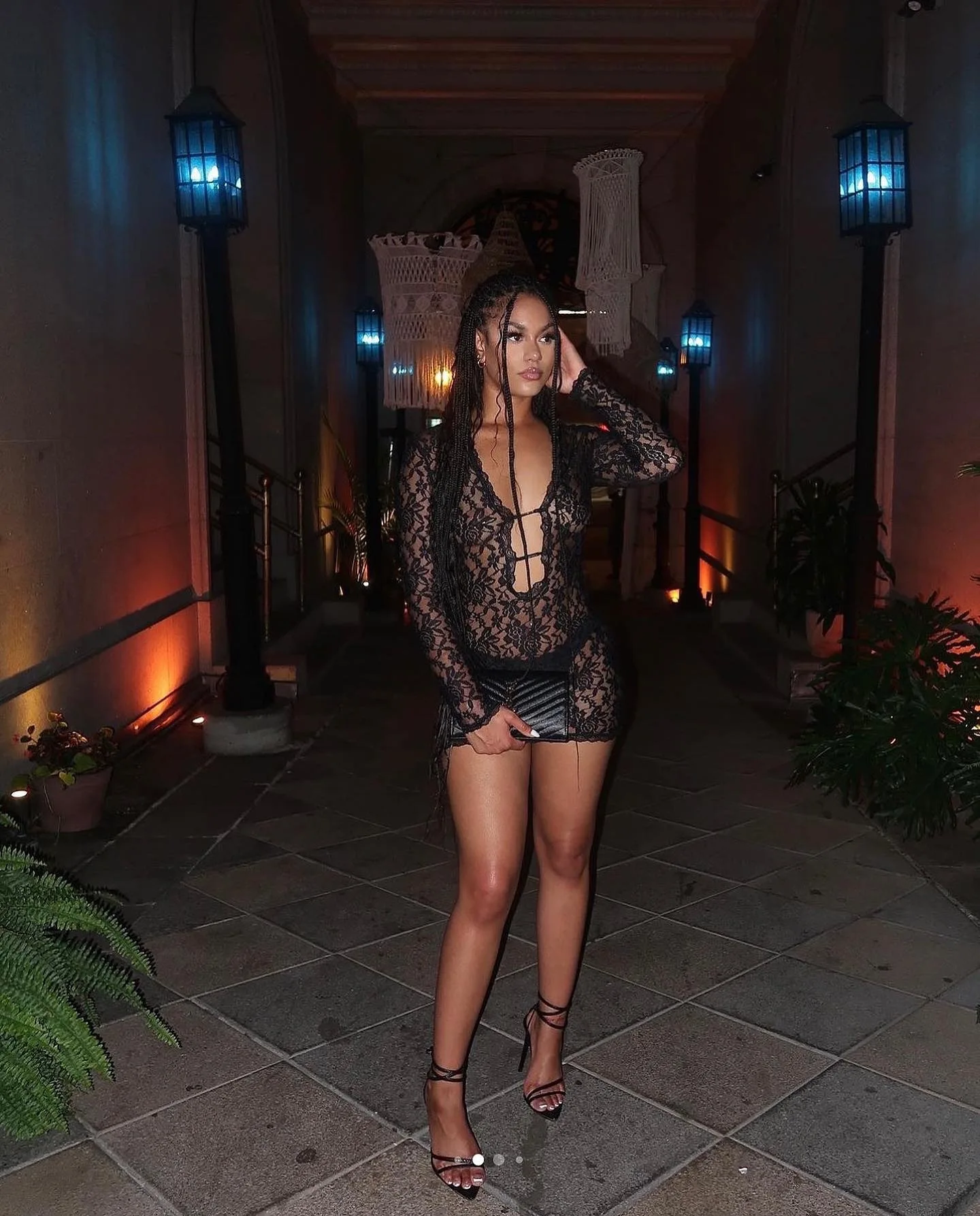 CM.YAYA Fashion Women Lace See Through V-neck Bodycon Mini Dress 2025 Spring Sexy Long Sleeve Night Club Party Evening Dresses