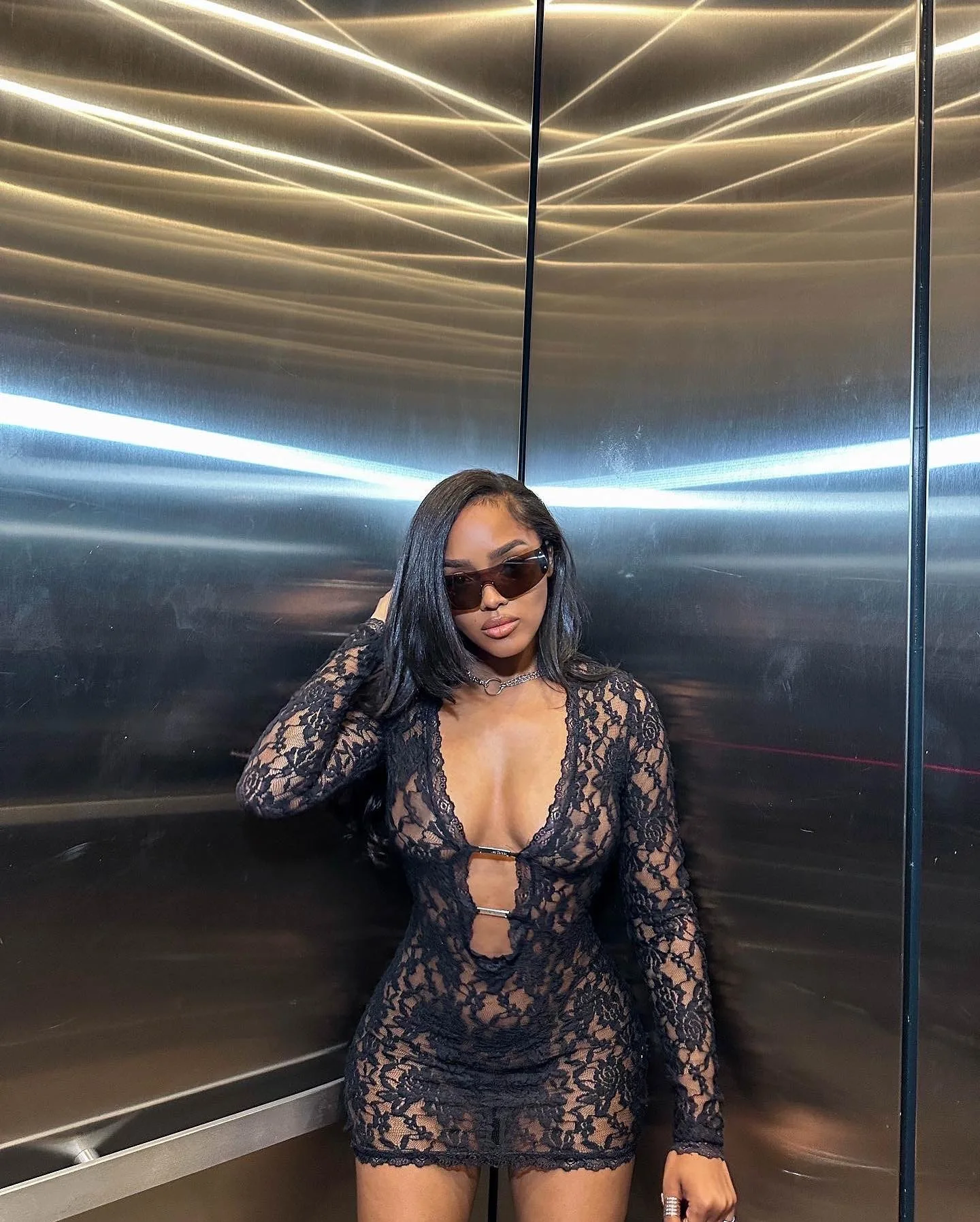 CM.YAYA Fashion Women Lace See Through V-neck Bodycon Mini Dress 2025 Spring Sexy Long Sleeve Night Club Party Evening Dresses