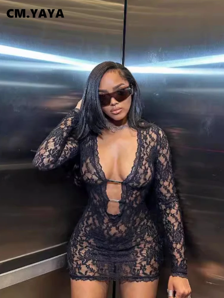 CM.YAYA Fashion Women Lace See Through V-neck Bodycon Mini Dress 2025 Spring Sexy Long Sleeve Night Club Party Evening Dresses