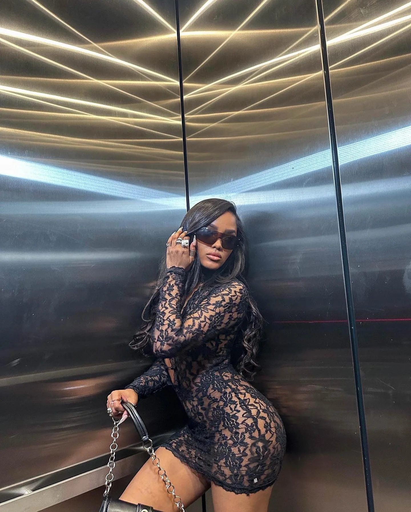 CM.YAYA Fashion Women Lace See Through V-neck Bodycon Mini Dress 2025 Spring Sexy Long Sleeve Night Club Party Evening Dresses