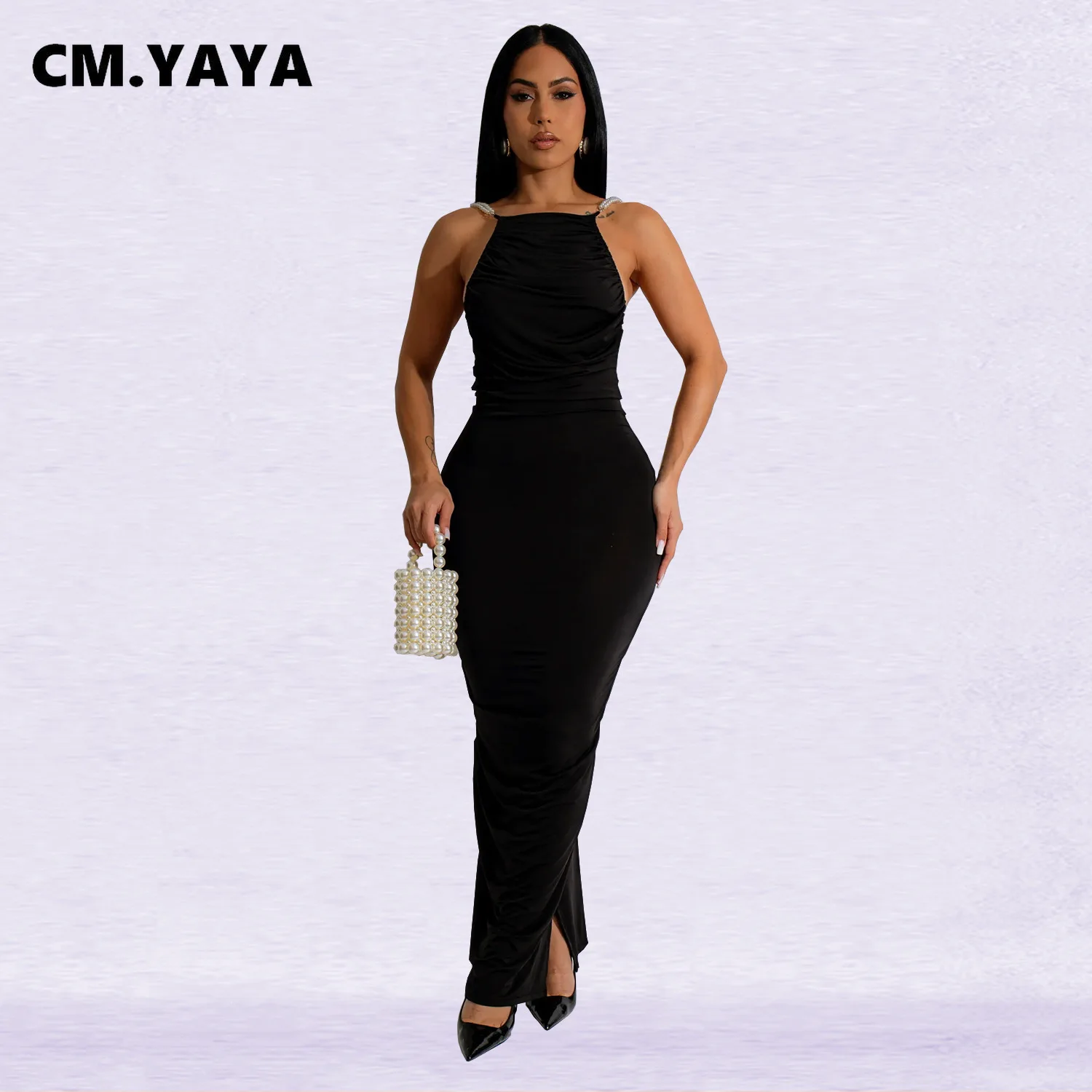 CM.YAYA Women Sleeveless Ruched Stacked Long Maxi Dress 2024 Fall Streetwear Backless Evening Sexy Club Party Dresses Vestidos
