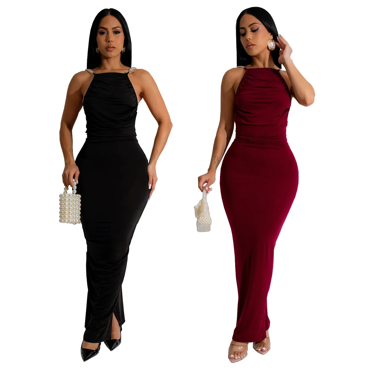 CM.YAYA Women Sleeveless Ruched Stacked Long Maxi Dress 2024 Fall Streetwear Backless Evening Sexy Club Party Dresses Vestidos