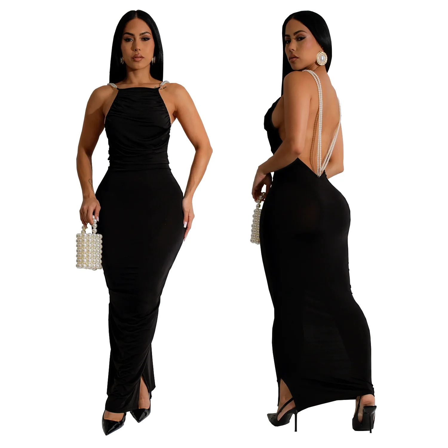 CM.YAYA Women Sleeveless Ruched Stacked Long Maxi Dress 2024 Fall Streetwear Backless Evening Sexy Club Party Dresses Vestidos