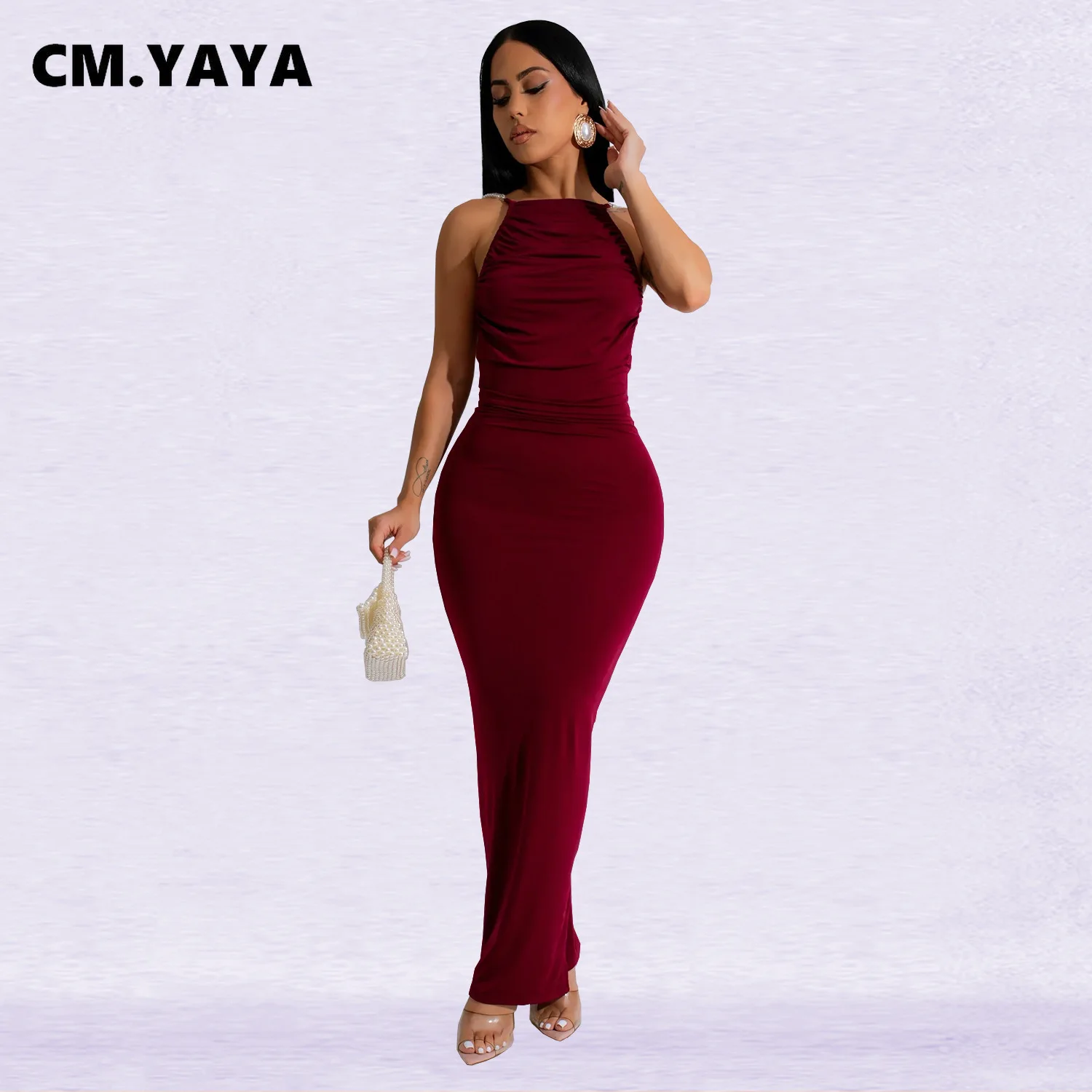 CM.YAYA Women Sleeveless Ruched Stacked Long Maxi Dress 2024 Fall Streetwear Backless Evening Sexy Club Party Dresses Vestidos