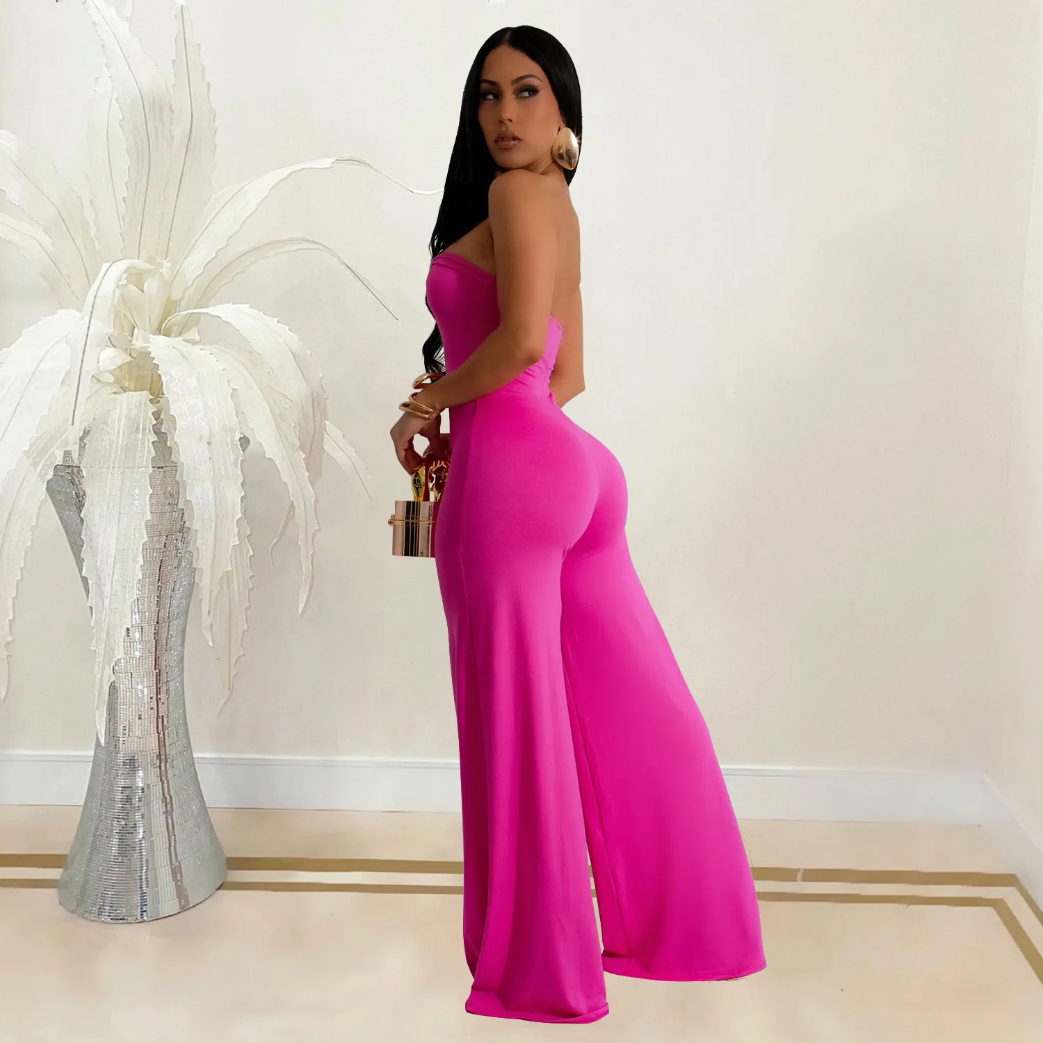 CM.YAYA Women Wide Leg Deep V-Neck Sleeveless Jumpsuits 2024 Summer Hollow Out Night Street Club Playsuit One Piece Suit Romper