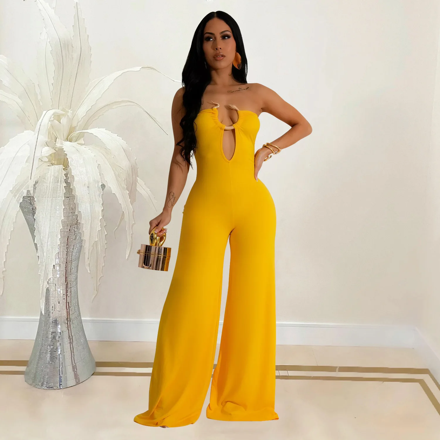 CM.YAYA Women Wide Leg Deep V-Neck Sleeveless Jumpsuits 2024 Summer Hollow Out Night Street Club Playsuit One Piece Suit Romper