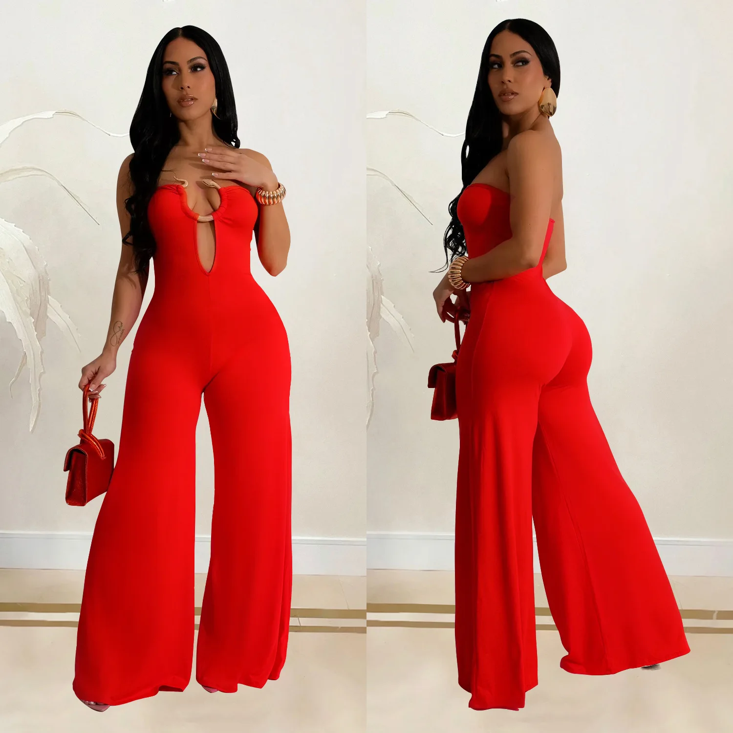 CM.YAYA Women Wide Leg Deep V-Neck Sleeveless Jumpsuits 2024 Summer Hollow Out Night Street Club Playsuit One Piece Suit Romper